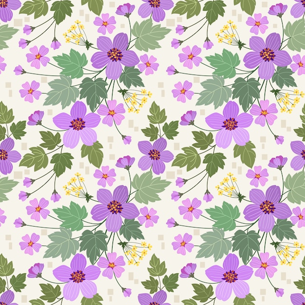 Main colorée dessiner des fleurs de purle et modèle sans couture de feuille verte pour papier peint textile en tissu.