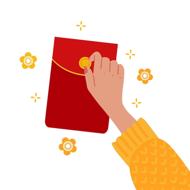 Main de concept de récompense chinoise ouvrant une enveloppe de paquet de papier rouge vecteur année de l'idée de bannière de tigre...