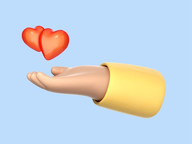 Vecteur main de dessin animé 3d avec deux coeurs rouges isolés sur fond bleu concept de charité amour soins de santé palm tenir symboles cardiaques illustration 3d vectorielle