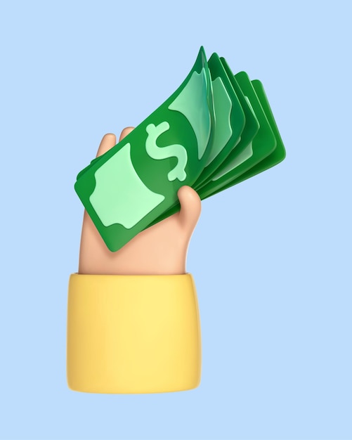 Main de dessin animé 3D tenant des billets d'un dollar Concept d'opération financière Paiement et remise en argent Investissement d'argent et commerce d'entreprise Illustration vectorielle 3d