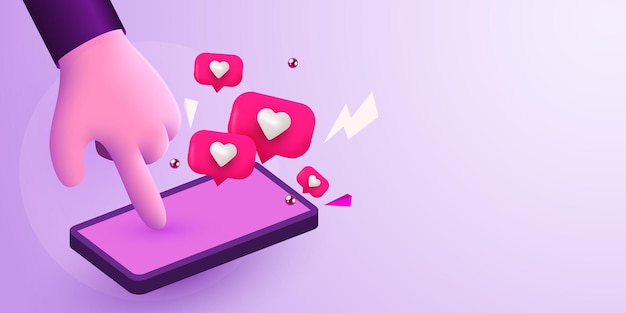 Main de dessin animé mignon smartphone mobile tactile avec icônes de notification Aime Médias sociaux et concept marketing Illustration vectorielle
