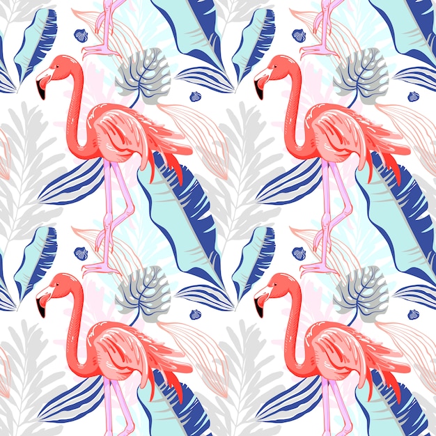 Main, Dessin De Modèle Sans Couture Avec Flamant Rose Et Le Tropical