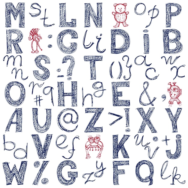Vecteur main dessinant la conception de l'alphabet doodle bleu