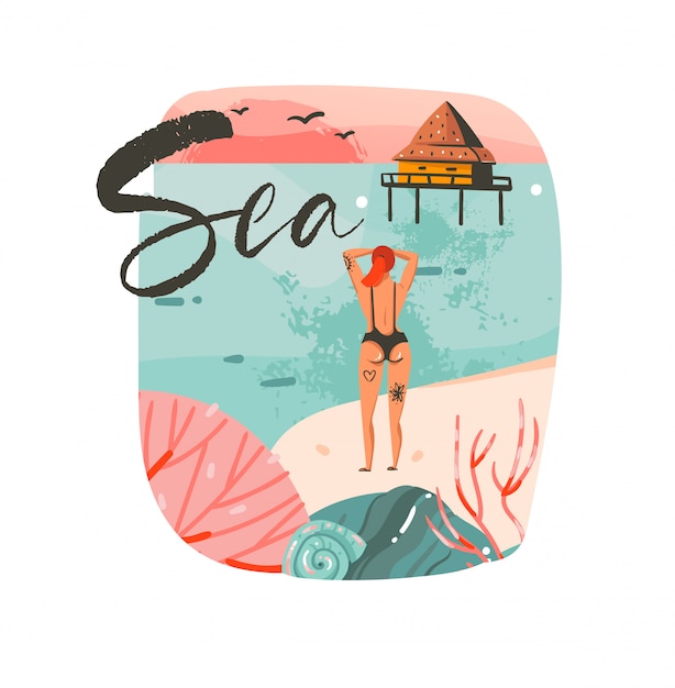 Main Dessinée Abstraite Dessin Animé Heure D'été Illustrations Graphiques Modèle Fond Logo Avec Paysage De Plage Océan, Maison De Cabine De Plage, Coucher De Soleil Rose Et Fille De Beauté Avec Texte De Typographie De La Mer