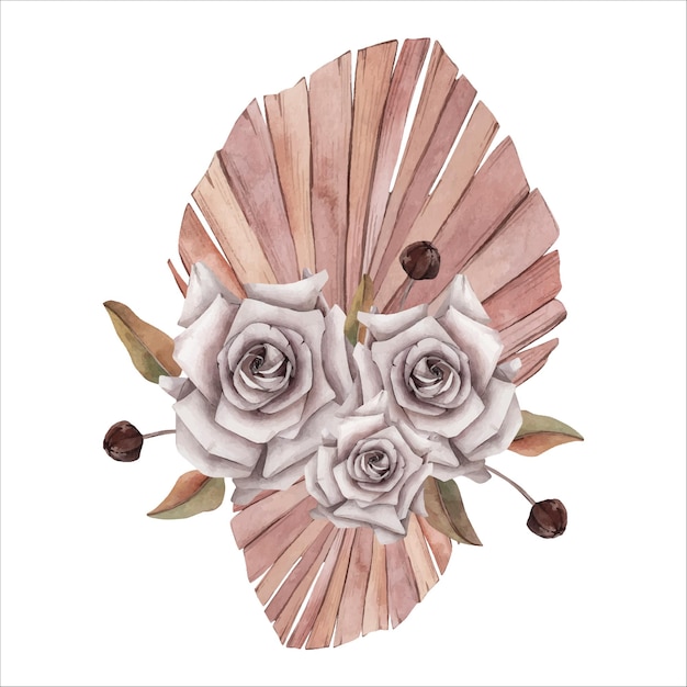 Main Dessinée Aquarelle Boho Roses Fleurs Illustration Vintage Floral Et Feuilles De Palmier Clipart