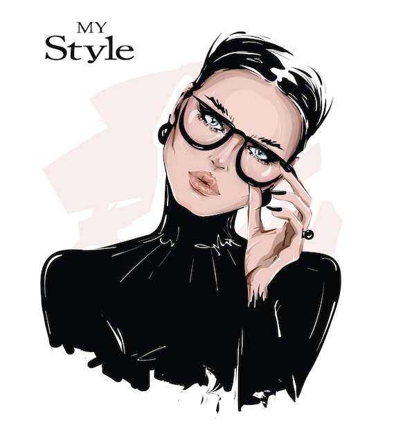 Vecteur main dessinée belle jeune femme à lunettes. fille élégante en chemise noire. regard de femme fashion.