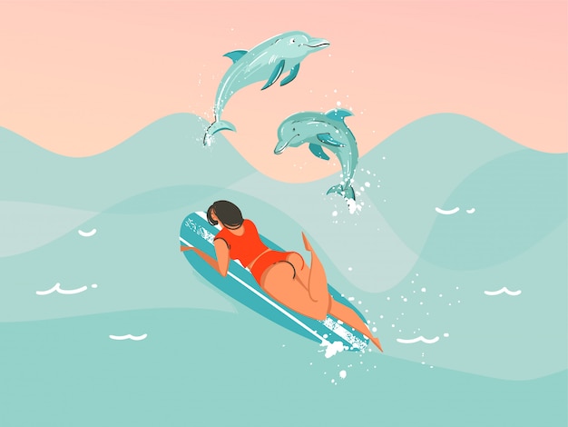 Main Dessinée Illustration Abstraite Stock Avec Une Femme De Surf De Natation De Maillot De Bain Avec Un Saut De Dauphins Sur Fond De Vague De L'océan Bleu.