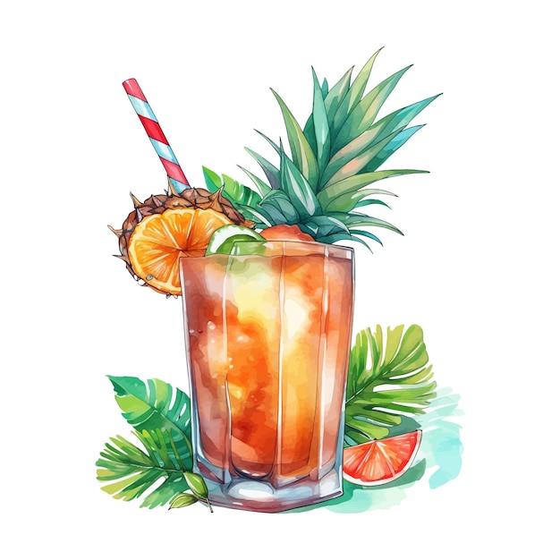 Main Dessinée Illustration Aquarelle Exotique Tropique Tropical Cocktail Pina Colada Noix De Coco Tequila Lever Du Soleil Orange Menthe Clipart