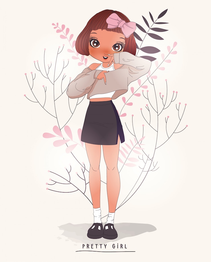 Vecteur main dessinée jolie fille avec des fleurs derrière