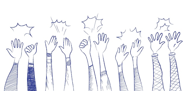 Main dessinée de mains en l'air applaudissant ovation applaudissements pouce levé geste sur illustration vectorielle de doodle style comique