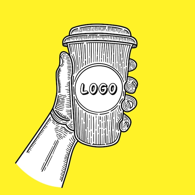 Main Dessinée Mains Tenant Une Tasse De Café Sur Fond Jaune. Place Pour Votre Logo. Esquisser.