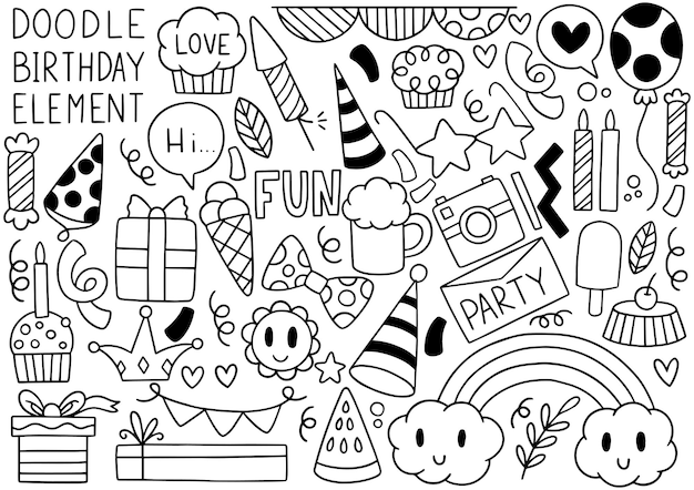 Main Dessinée Partie Doodle Joyeux Anniversaire Ornements Illustration