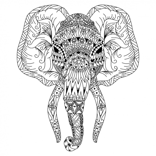 Main Dessinée De Tête D'éléphant Dans Un Style Zentangle