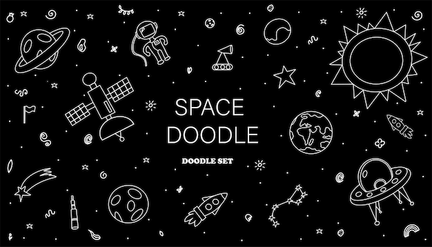 Main dessiner l'illustration de l'espace avec une fusée astronaute planètes mignons enfants dessin vectoriel doodle i...