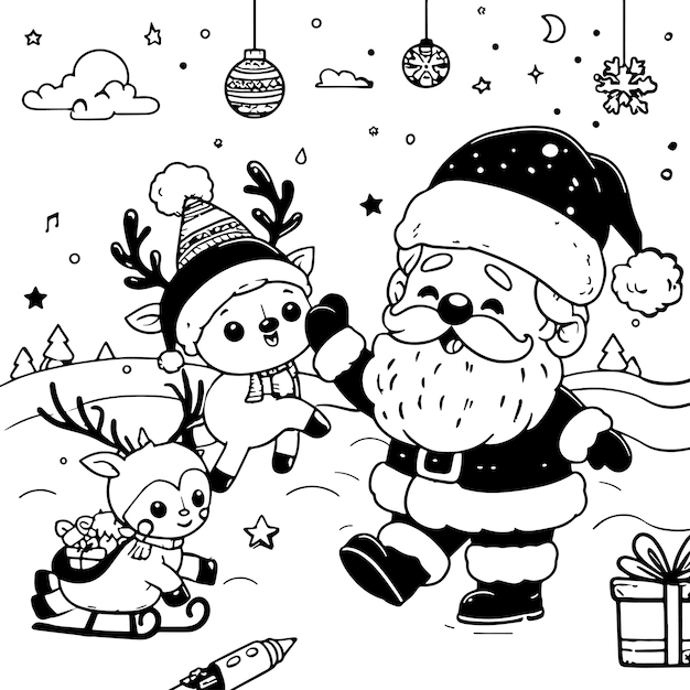 Vecteur main dessiner illustration de noël père noël jouant avec bébé renne le jour de la neige