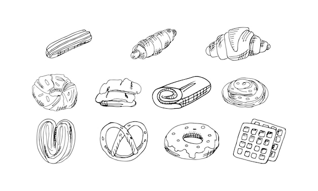 Vecteur main dessiner illustration vectorielle définir des icônes de boulangerie beignet croissant gaufre éclair pain roulé