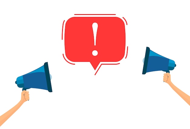 Main de deux personnes tenant un mégaphone avec un message important à bulles Symbole de haut-parleur Illustration vectorielle en dessin animé
