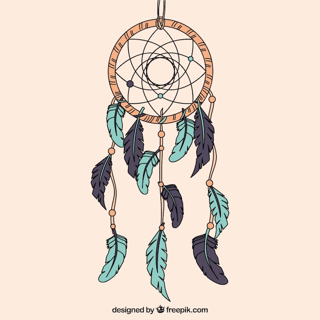 Main Dreamcatcher Dessiné Avec Des Plumes Vertes Et Grises