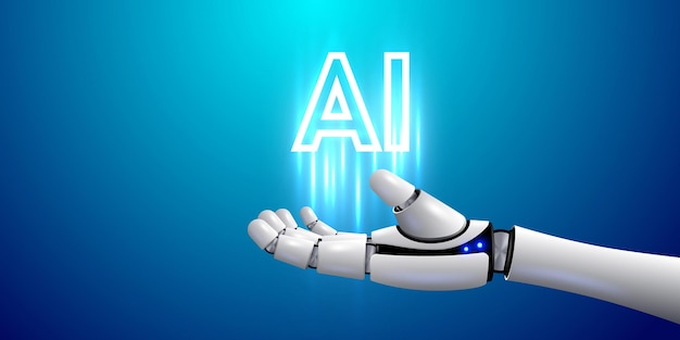 La main du robot tenant le mot AI technologie d'apprentissage automatique réseau neural intelligence artificielle AI