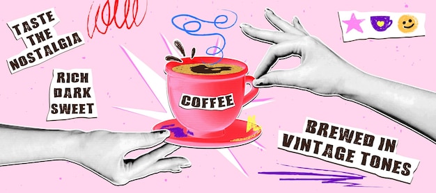 La main avec l'effet demi-ton tient une tasse de porcelaine de café l'autre main tend la main pour cette tasse