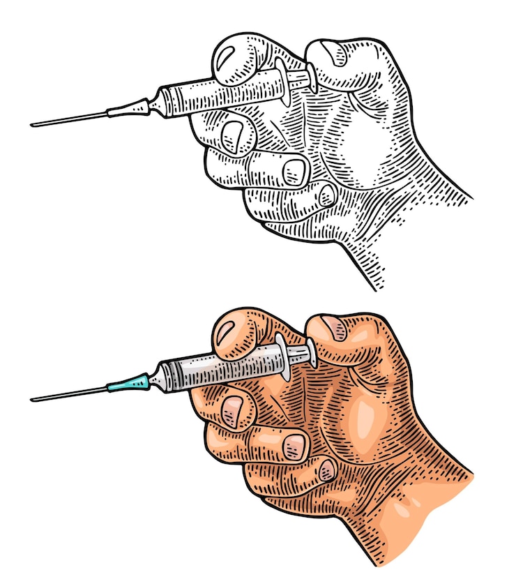 Vecteur la main fait une injection avec une seringue gravure vecteur vintage