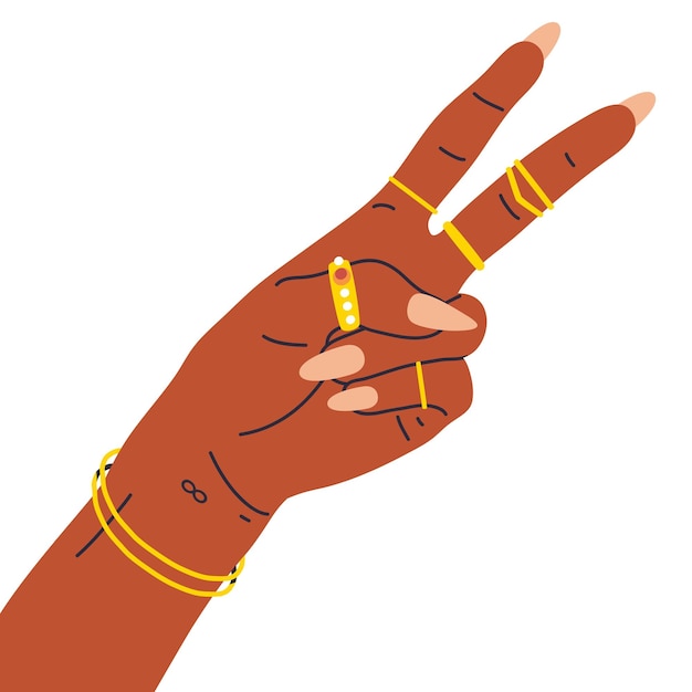 Vecteur main féminine de dessin animé main de femme avec conception d'ongles de geste de paix et bijoux dorés manucure salon soins des ongles routine illustration vectorielle plane