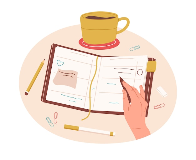 Main féminine écrivant un journal de remplissage pour faire une liste ou une illustration de symboles vectoriels de planificateur hebdomadaire