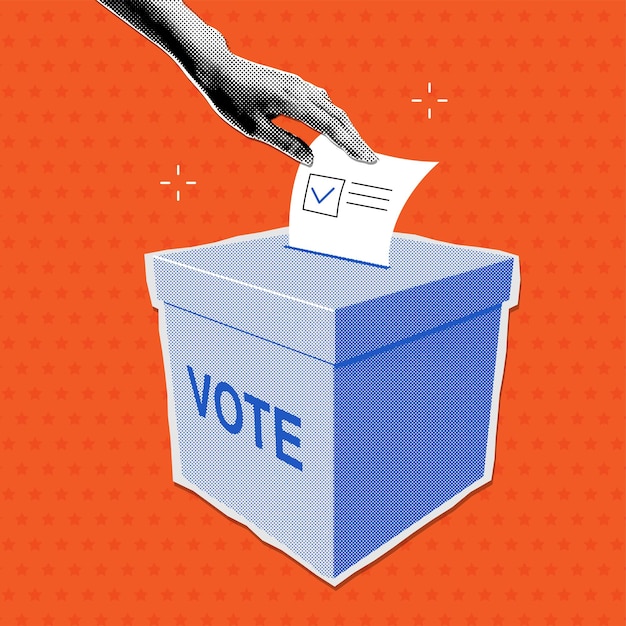 La main féminine met le bulletin de vote dans l'urne de vote dans le style pop art rétro halftone yk vecteur à la mode