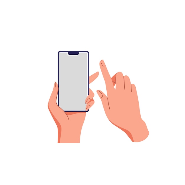Main féminine tenant le smartphone. Écran vide, maquette de téléphone. Application sur appareil à écran tactile.