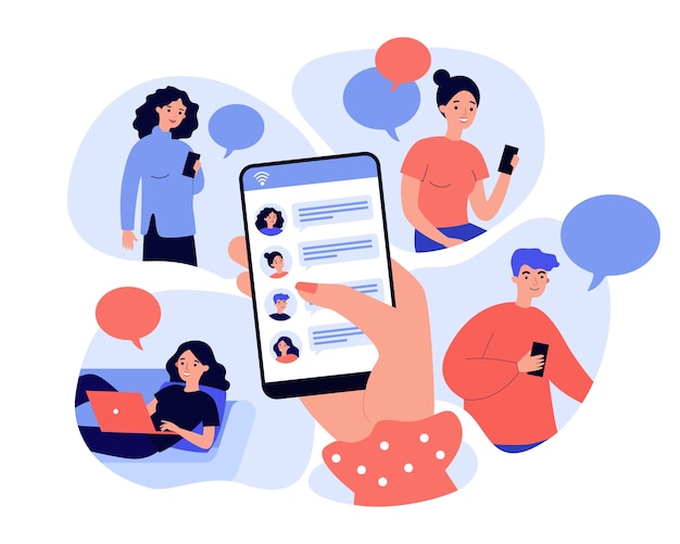 Main féminine tenant le smartphone et partage de nouvelles au design plat