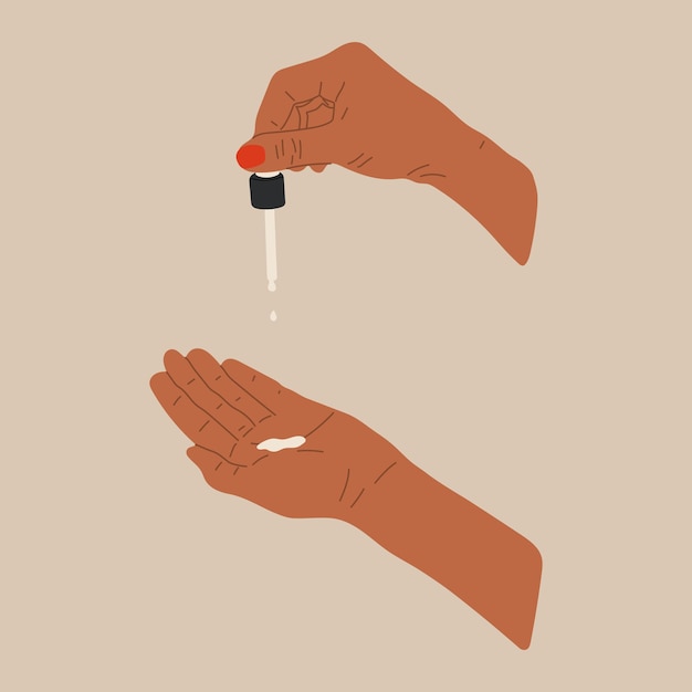 Vecteur la main féminine tient une pipette pour les soins de la peau avec une bouteille de sérum d'huile, de la crème. main dessiner illustration vectorielle
