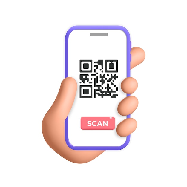 La main féminine de vecteur 3d tient le smartphone avec la conception d'affiche de code QR de balayage d'application mobile