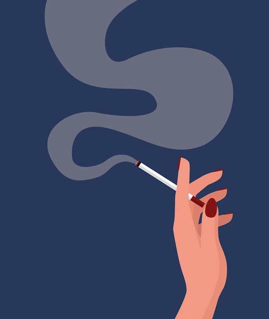 Vecteur la main de la femme tient un symbole d'icône de cigarette femme avec des ongles rouges dans le style de dessin animé logo de fille de bande dessinée