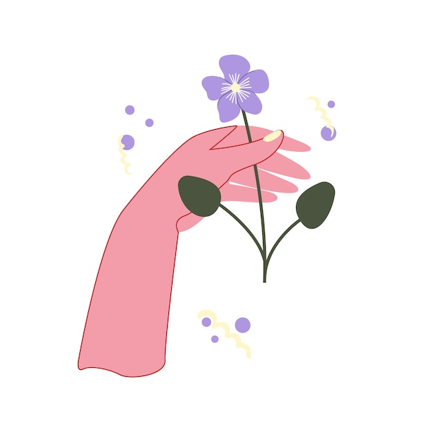 Une main gracieuse féminine tient une illustration vectorielle violette dessinée à la main