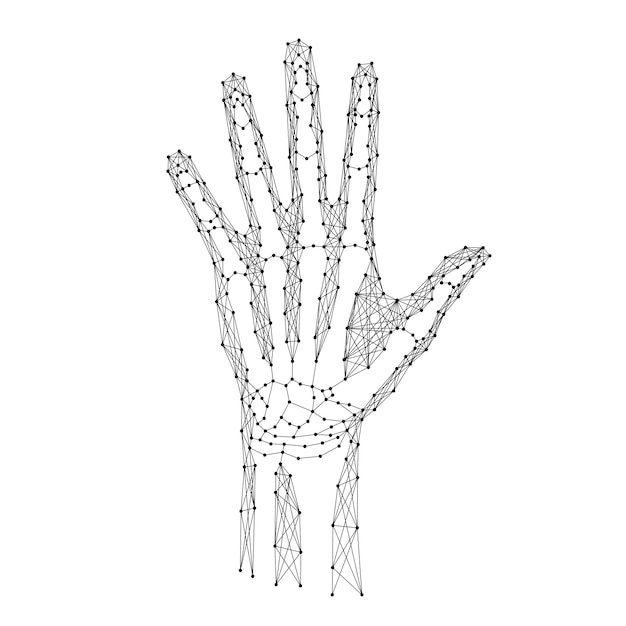 Vecteur main d'homme avec des os à partir de lignes et de points noirs polygonaux futuristes abstraits illustration vectorielle