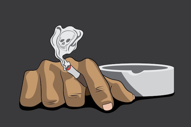 Main d'homme tenant une cigarette allumée entre les doigts à côté d'un cendrier sur fond sombre