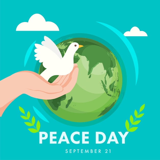 Main De L'homme Tenant Le Pigeon Avec Des Feuilles D'olivier Et Globe Terrestre Sur Fond Turquoise Pour La Journée De La Paix, 21 Septembre.