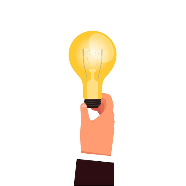 La main d'un homme tient une ampoule rougeoyante. Le concept de génération d'idées commerciales et de créativité d'un homme d'affaires. Plat de dessin animé. Isolé sur fond blanc.