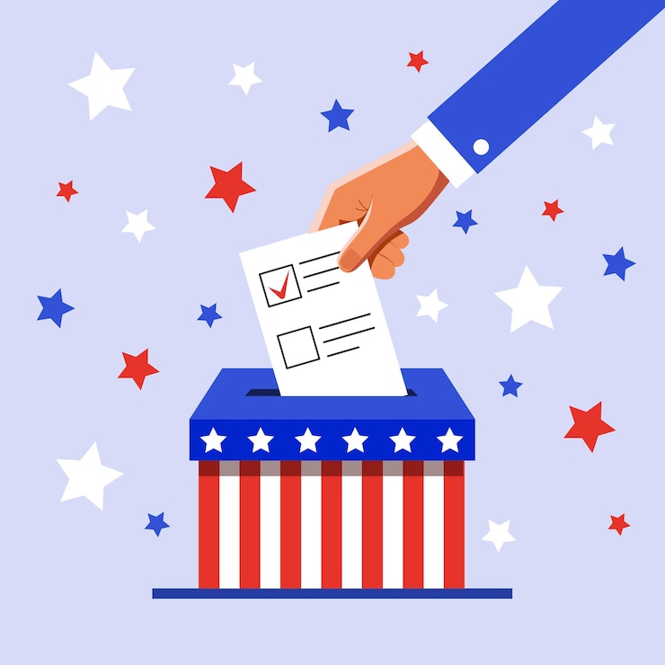 Vecteur la main humaine tenant des bulletins de vote pour les jeter dans une urne électorale élections aux états-unis