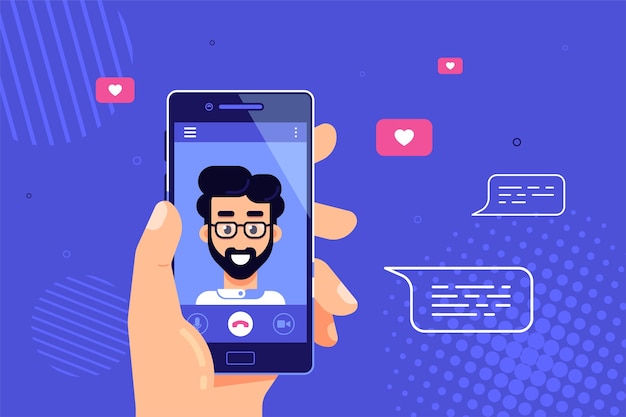 Main Humaine Tenant Le Smartphone Avec Un Personnage Masculin à L'écran. Appel Vidéo, Chat Vidéo En Ligne, Technologie Internet.