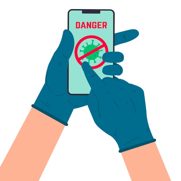 Main Humaine Vêtue De Gants Médicaux Avec Smartphone Danger De Coronavirus Alerte De Menace De Virus Sur L'écran Du Smartphone Covid19 Illustration Vectorielle