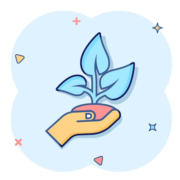 Main avec l'icône de la plante dans le style comique Illustration de vecteur de dessin animé de germe de fleur sur fond isolé blanc Protection de l'environnement signe d'effet d'éclaboussure concept d'entreprise