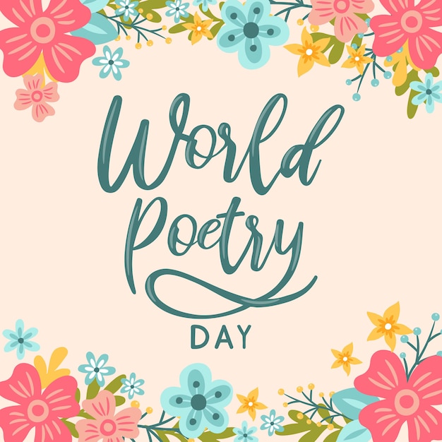 Vecteur main, lettrage, fleur, journée mondiale, poésie