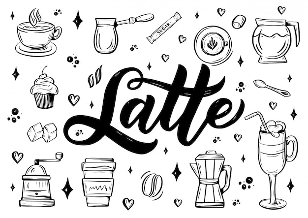 Main, lettrage de texte Latte avec croquis pour café ou café.