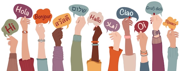 Main Levée De Personnes Multiculturelles Tenant Une Bulle De Dialogue Avec Texte Bonjour Dans Différentes Langues