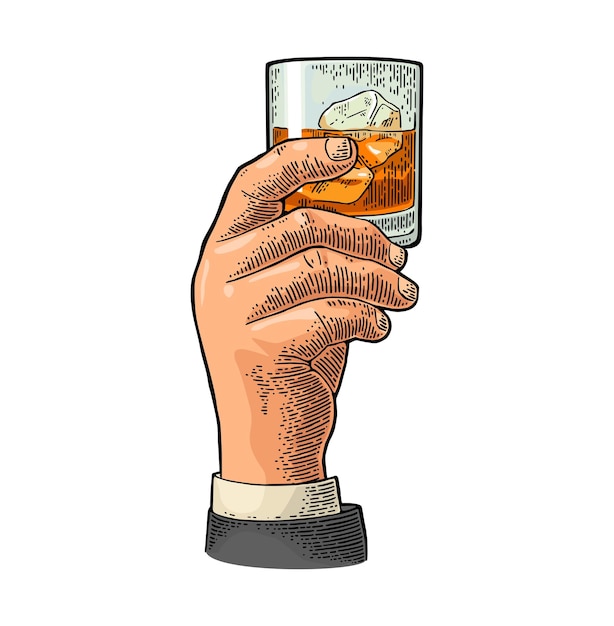 Vecteur main masculine tenant un verre de whisky illustration de gravure de vecteur de couleur vintage pour l'invitation d'affiche d'étiquette à la fête isolé sur fond blanc