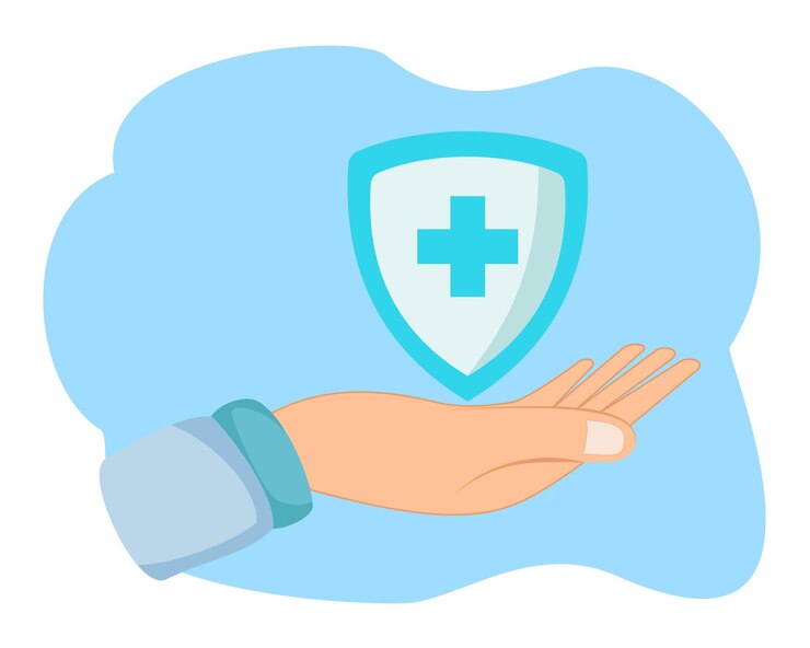 Vecteur main de médecin tenant un bouclier de protection ou une illustration de protection de la santé