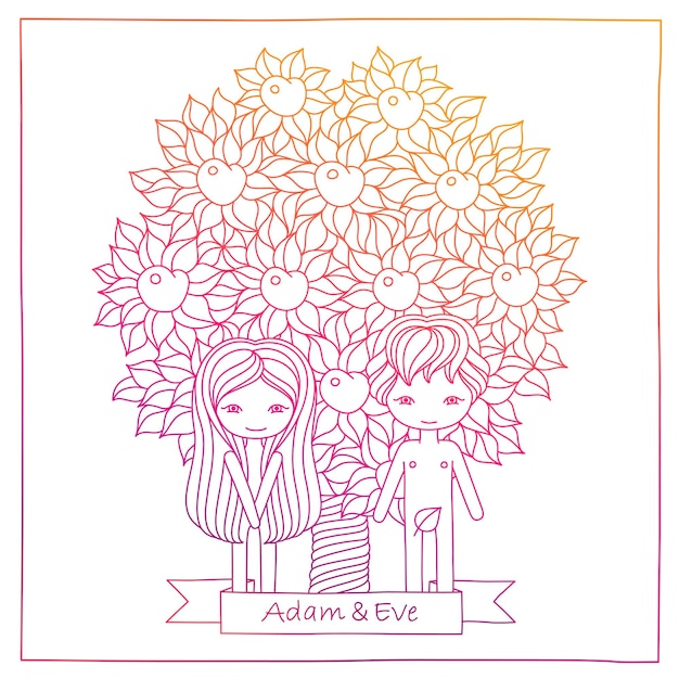 Vecteur main mignonne de vecteur dessin illustration rose avec adam et eve