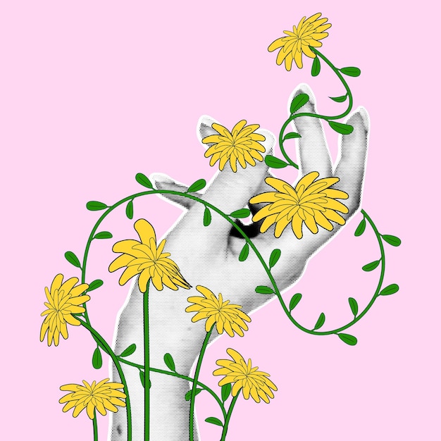 main oman avec un effet de demi-ton entrelacé avec des fleurs illustration de printemps moderne en collage rétro