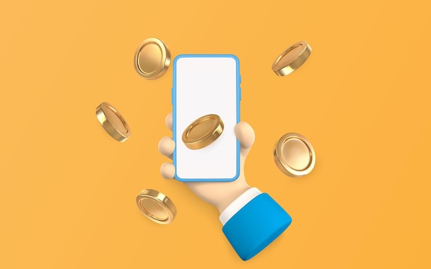 Main de personnage de dessin animé avec téléphone intelligent et pièces d'or volantes Illustration vectorielle